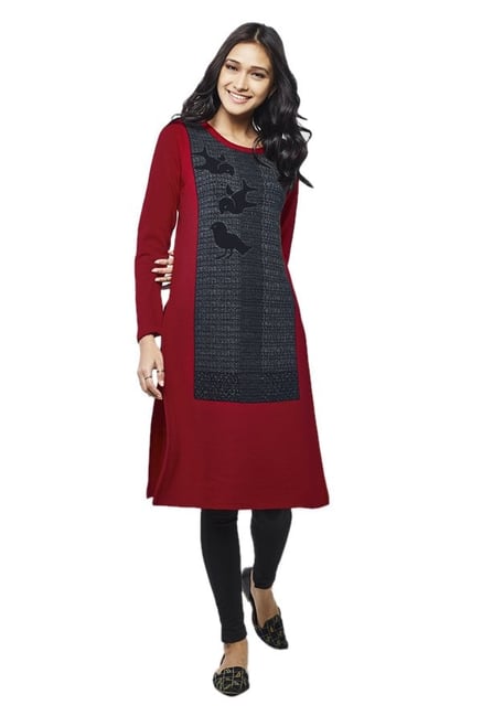 Global Desi Red & Grey Printed Acrylic Kurta Global Desi Red & Grey Printed Acrylic Kurta