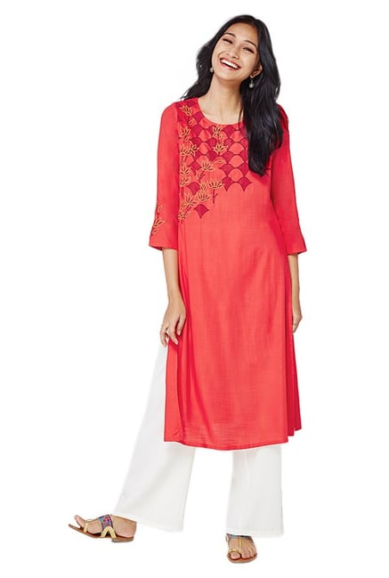 Global Desi Red Embroidered Viscose Kurta Global Desi Red Embroidered Viscose Kurta
