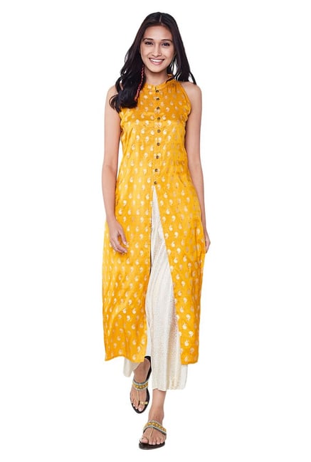 Global Desi Mustard Printed Viscose Kurta Global Desi Mustard Printed Viscose Kurta