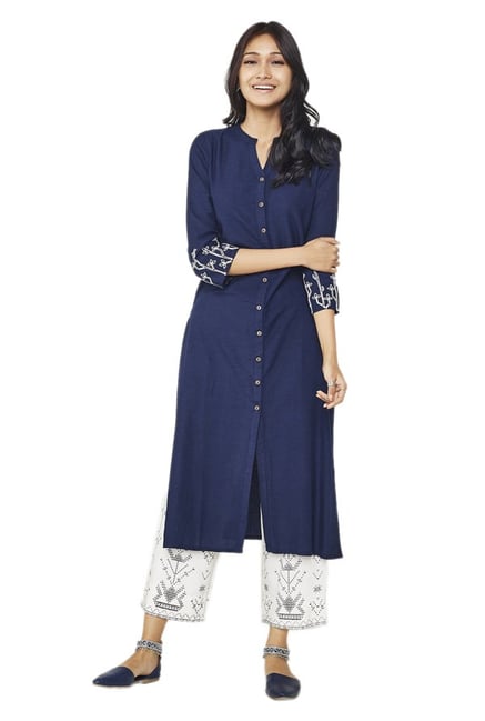 Global Desi Navy Textured Viscose Kurta Global Desi Navy Textured Viscose Kurta