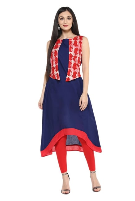 Ziyaa Navy & Red Cotton Kurta With Jacket Ziyaa Navy & Red Cotton Kurta With Jacket