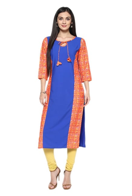 Ziyaa Blue & Orange Printed Crepe Straight Kurta Ziyaa Blue & Orange Printed Crepe Straight Kurta