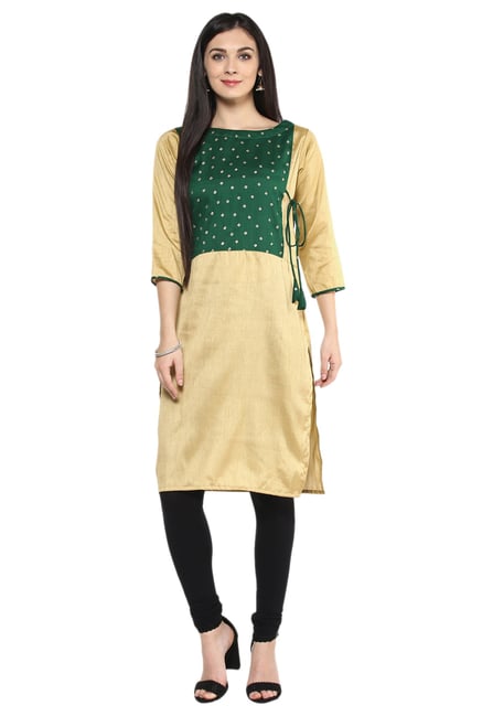 Ziyaa Green & Beige Bandhani Poly Silk Straight Kurta Ziyaa Green & Beige Bandhani Poly Silk Straight Kurta