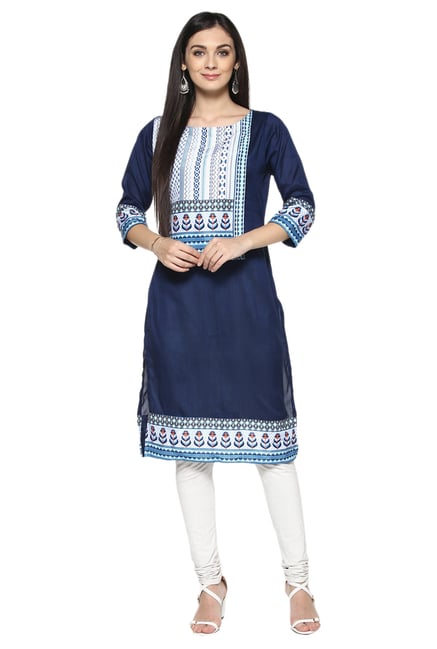 Ziyaa Navy Printed Poly Silk Straight Kurta Ziyaa Navy Printed Poly Silk Straight Kurta