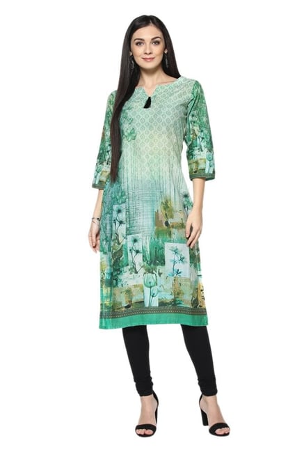 Ziyaa Green Printed Cotton Straight Kurta Ziyaa Green Printed Cotton Straight Kurta