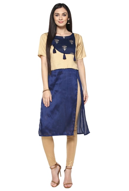 Ziyaa Navy & Beige Printed Poly Silk Straight Kurta Ziyaa Navy & Beige Printed Poly Silk Straight Kurta