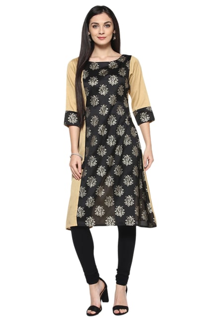 Ziyaa Black & Beige Printed Poly Silk Kurta Ziyaa Black & Beige Printed Poly Silk Kurta