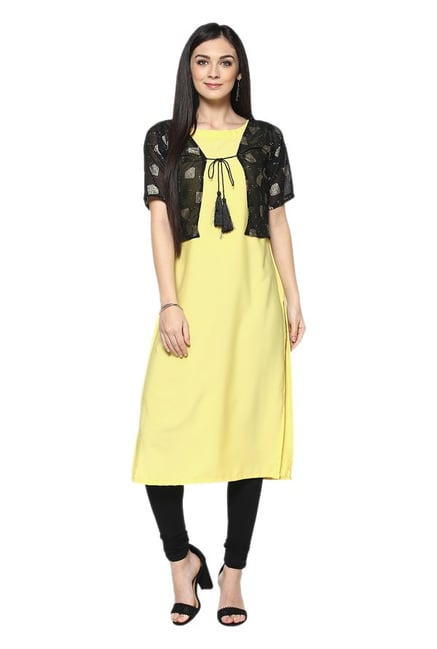 Ziyaa Yellow Printed Crepe Straight Kurta With Jacket Ziyaa Yellow Printed Crepe Straight Kurta With Jacket