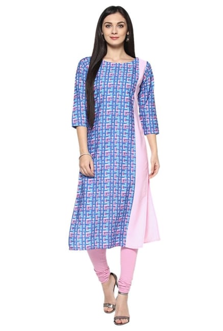 Ziyaa Blue & Pink Printed Crepe Straight Kurta Ziyaa Blue & Pink Printed Crepe Straight Kurta