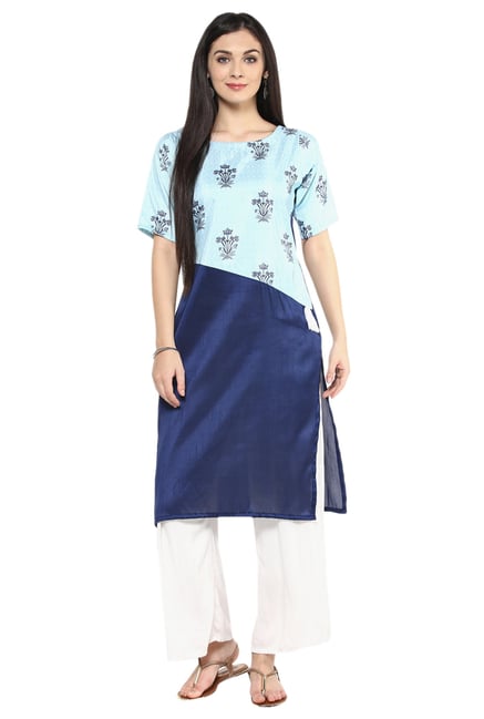 Ziyaa Blue Floral Print Poly Silk Straight Kurta Ziyaa Blue Floral Print Poly Silk Straight Kurta