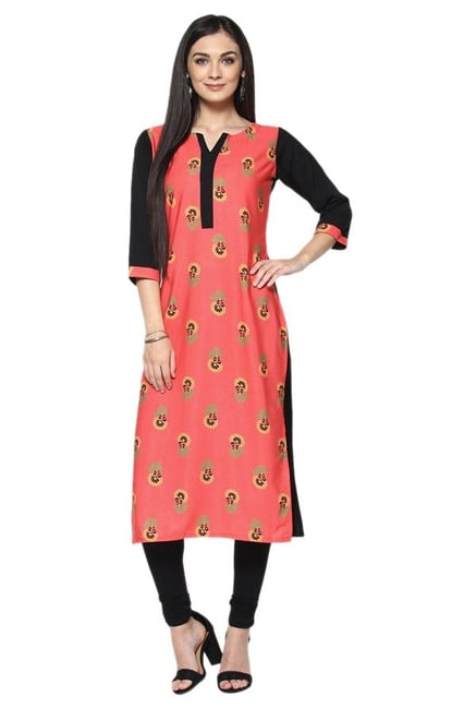 Ziyaa Coral Floral Print Crepe Straight Kurta Ziyaa Coral Floral Print Crepe Straight Kurta