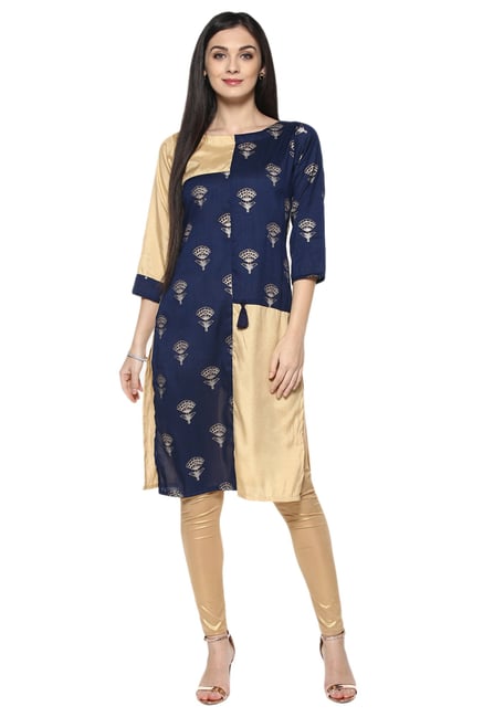 Ziyaa Navy & Beige Poly Silk Straight Kurta Ziyaa Navy & Beige Poly Silk Straight Kurta