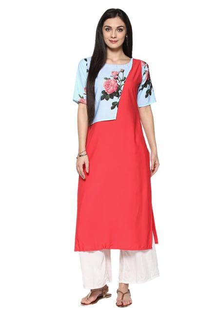 Ziyaa Coral & Blue Floral Print Crepe Straight Kurta Ziyaa Coral & Blue Floral Print Crepe Straight Kurta