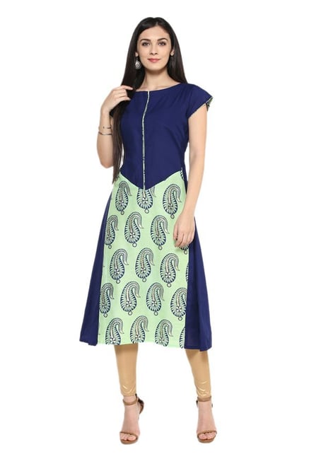 Ziyaa Navy & Green Paisley Print Cotton Kurta Ziyaa Navy & Green Paisley Print Cotton Kurta