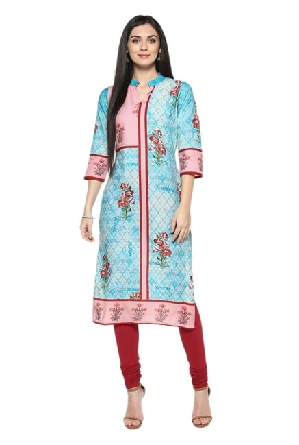 Ziyaa Blue & Pink Floral Print Cotton Straight Kurta Ziyaa Blue & Pink Floral Print Cotton Straight Kurta