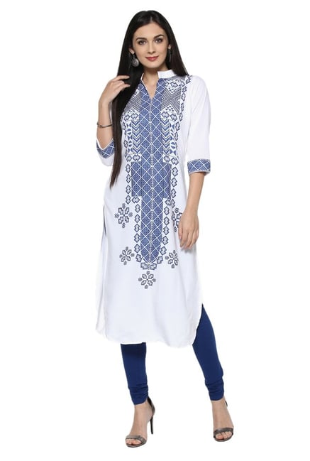 Ziyaa White & Blue Printed Crepe Straight Kurta Ziyaa White & Blue Printed Crepe Straight Kurta