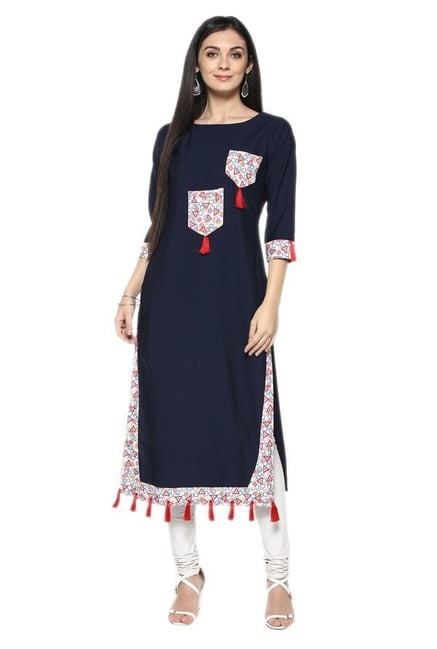 Ziyaa Navy Geometric Print Crepe Kurta Ziyaa Navy Geometric Print Crepe Kurta
