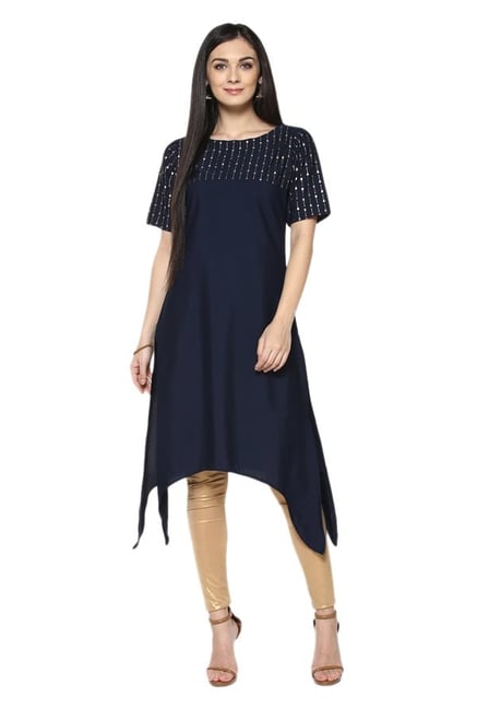 Ziyaa Navy Printed Crepe Straight Kurta Ziyaa Navy Printed Crepe Straight Kurta