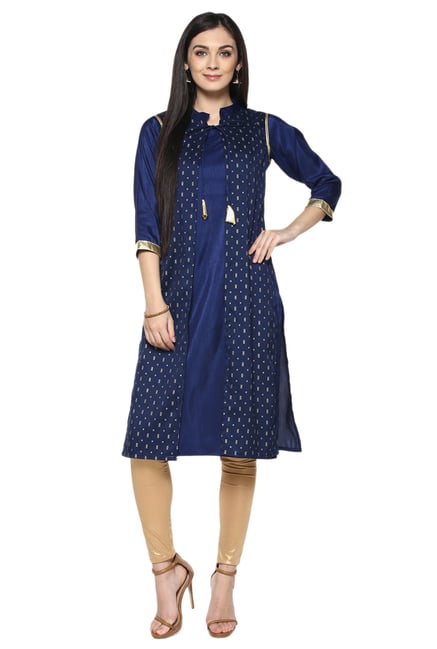 Ziyaa Navy Printed Poly Silk Straight Kurta Ziyaa Navy Printed Poly Silk Straight Kurta
