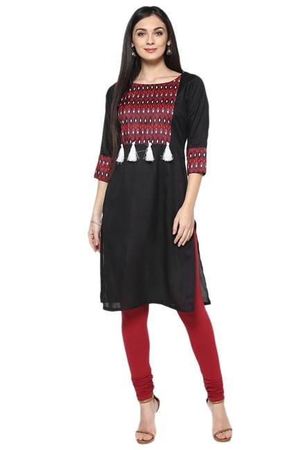 Ziyaa Black Aztec Print Poly Silk Straight Kurta Ziyaa Black Aztec Print Poly Silk Straight Kurta