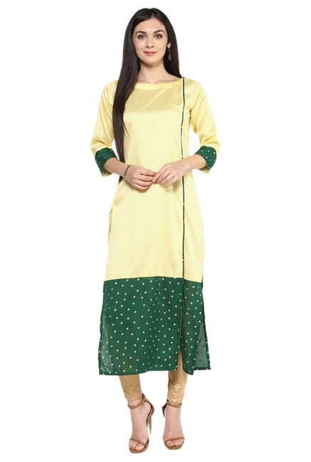 Ziyaa Yellow Bandhani Poly Silk Straight Kurta Ziyaa Yellow Bandhani Poly Silk Straight Kurta