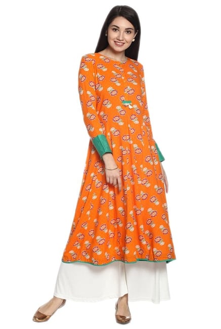 Soch Orange Floral Print Cotton Angrakha Kurta Soch Orange Floral Print Cotton Angrakha Kurta