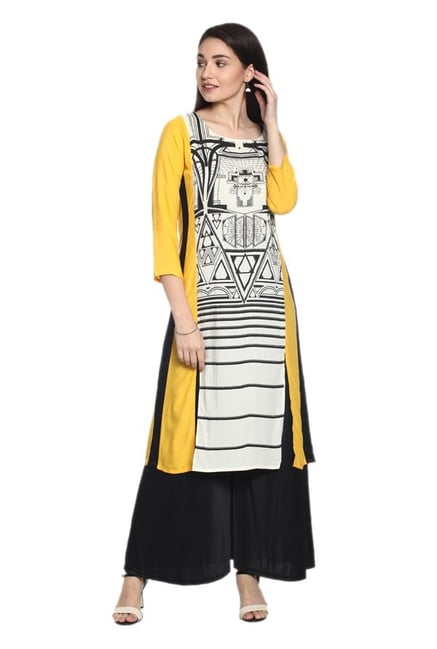 Soch White & Yellow Printed Rayon Kurta Soch White & Yellow Printed Rayon Kurta