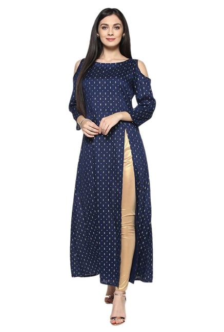 Ziyaa Navy Printed Poly Silk Kurta Ziyaa Navy Printed Poly Silk Kurta