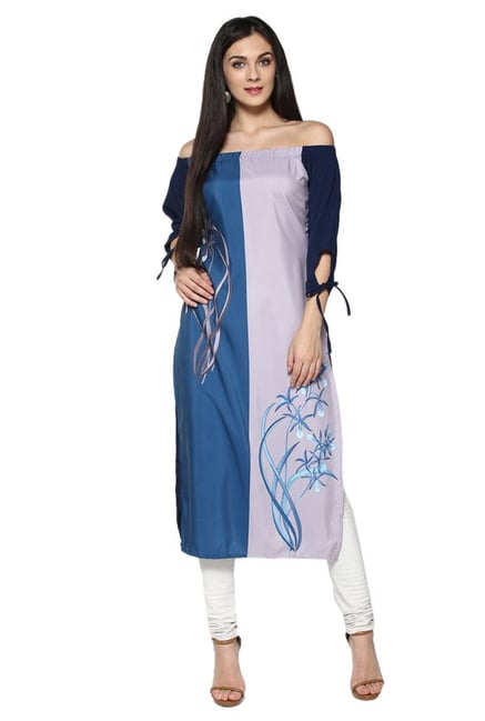 Ziyaa Navy & Purple Floral Print Crepe Straight Kurta Ziyaa Navy & Purple Floral Print Crepe Straight Kurta