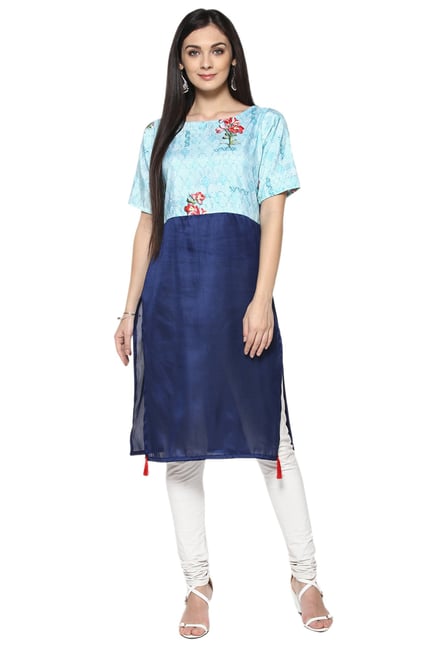 Ziyaa Blue Floral Print Poly Silk Straight Kurta Ziyaa Blue Floral Print Poly Silk Straight Kurta