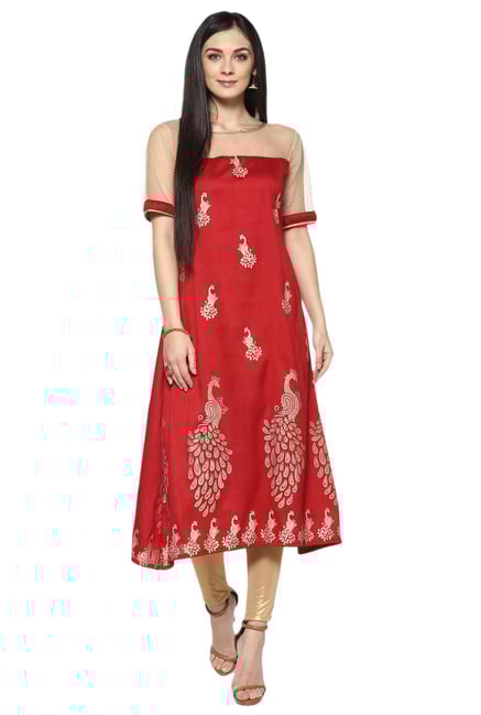 Ziyaa Red Printed Poly Silk Kurta Ziyaa Red Printed Poly Silk Kurta