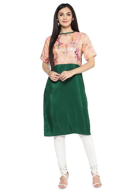 Ziyaa Green Floral Print Poly Silk Straight Kurta Ziyaa Green Floral Print Poly Silk Straight Kurta