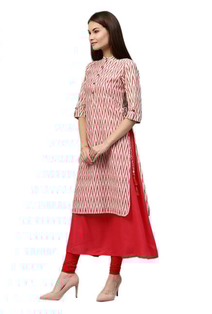 Jaipur Kurti Red & White Printed Chanderi Long Kurta Jaipur Kurti Red & White Printed Chanderi Long Kurta