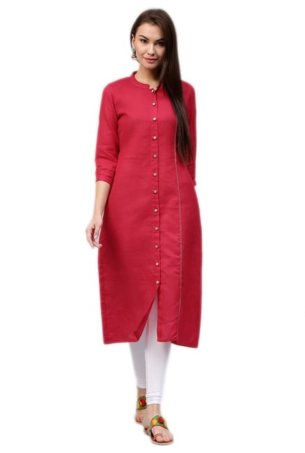 Jaipur Kurti Red Self Print Cotton Long Kurta Jaipur Kurti Red Self Print Cotton Long Kurta
