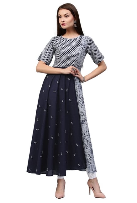 Jaipur Kurti Navy Printed Cotton Long Kurta Jaipur Kurti Navy Printed Cotton Long Kurta