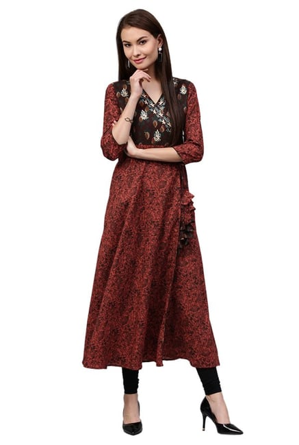 Jaipur Kurti Maroon Floral Print Cotton Angrakha Kurta Jaipur Kurti Maroon Floral Print Cotton Angrakha Kurta