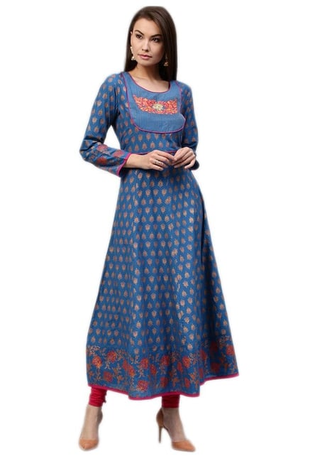 Jaipur Kurti Blue Printed Cotton Long Kurta Jaipur Kurti Blue Printed Cotton Long Kurta