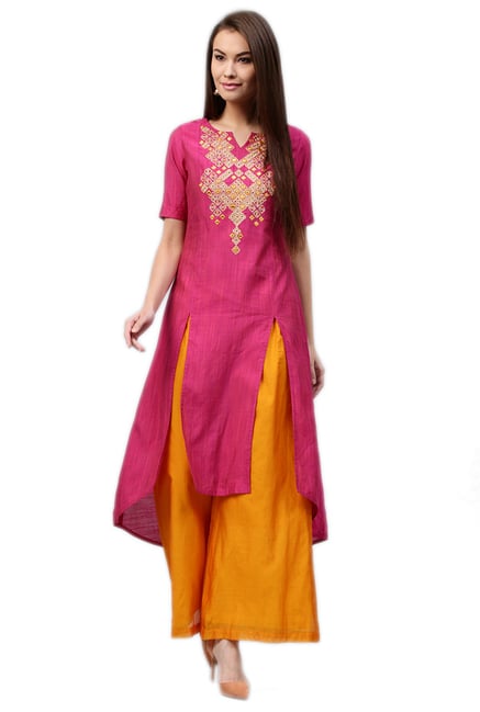 Jaipur Kurti Pink & Yellow Rayon Kurta With Palazzo Jaipur Kurti Pink & Yellow Rayon Kurta With Palazzo