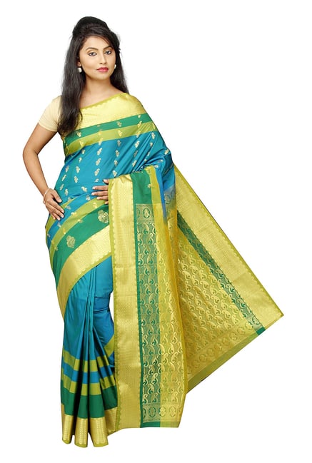 Pavecha's Teal Printed Silk Kanjivaram Saree Pavecha's Teal Printed Silk Kanjivaram Saree