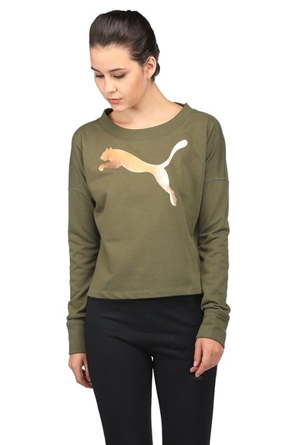 Puma Olive Logo Print Cropped Sweatshirt Puma Olive Logo Print Cropped Sweatshirt