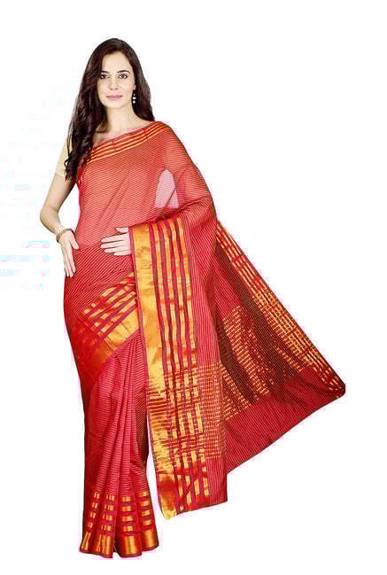 Pavecha's Red Striped Cotton Silk Banarasi Saree Pavecha's Red Striped Cotton Silk Banarasi Saree