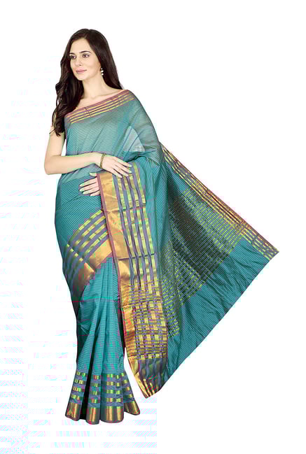Pavecha's Teal Striped Cotton Silk Banarasi Saree Pavecha's Teal Striped Cotton Silk Banarasi Saree
