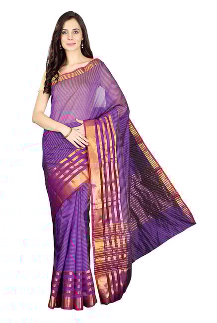 Pavecha's Purple Striped Cotton Silk Banarasi Saree Pavecha's Purple Striped Cotton Silk Banarasi Saree