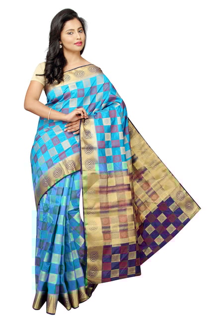 Pavecha's Blue Checks Taffeta Saree Pavecha's Blue Checks Taffeta Saree