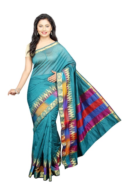 Pavecha's Teal Printed Cotton Silk Banarasi Saree Pavecha's Teal Printed Cotton Silk Banarasi Saree