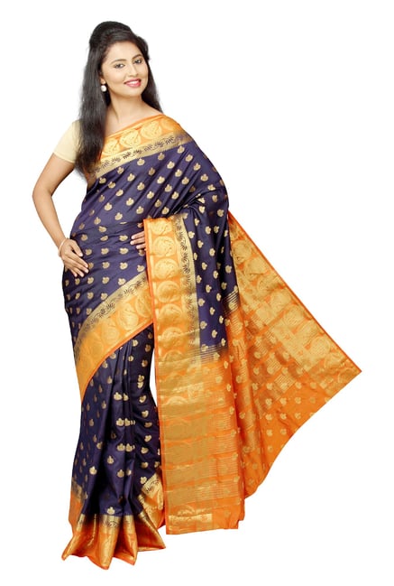 Pavecha's Navy Printed Taffeta Saree Pavecha's Navy Printed Taffeta Saree