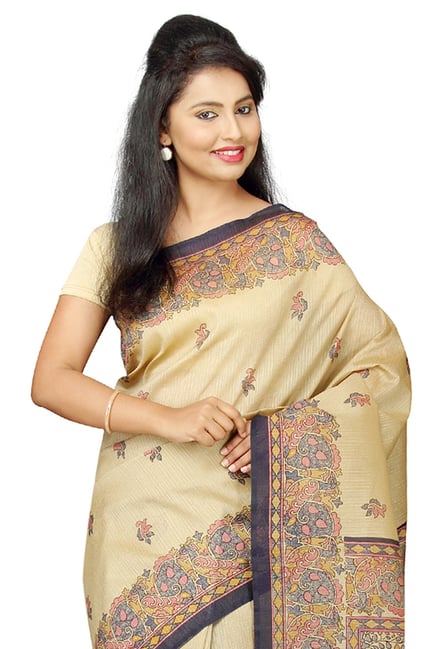 Pavecha's Beige & Grey Cotton Polyblend Mangalagiri Saree Pavecha's Beige & Grey Cotton Polyblend Mangalagiri Saree
