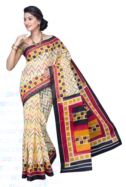 Pavecha's Beige Printed Cotton Polyblend Mangalagiri Saree Pavecha's Beige Printed Cotton Polyblend Mangalagiri Saree