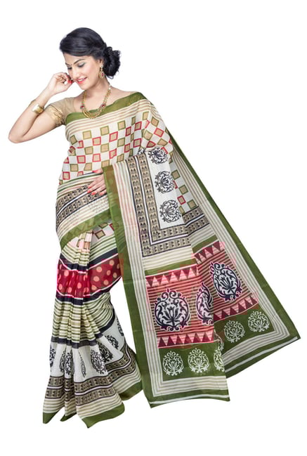 Pavecha's Green & White Cotton Polyblend Mangalagiri Saree Pavecha's Green & White Cotton Polyblend Mangalagiri Saree