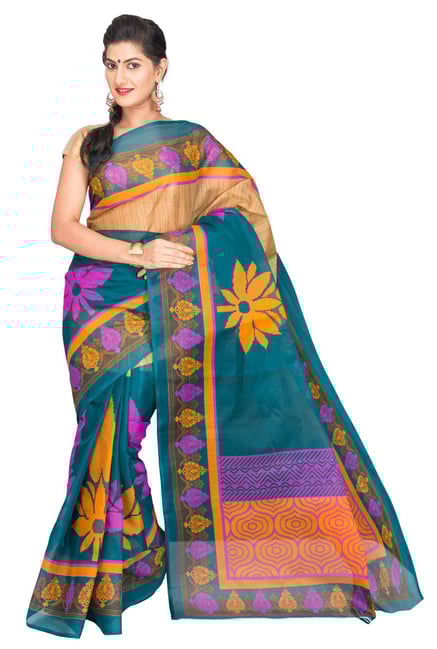 Pavecha's Teal Printed Cotton Polyblend Mangalagiri Saree Pavecha's Teal Printed Cotton Polyblend Mangalagiri Saree